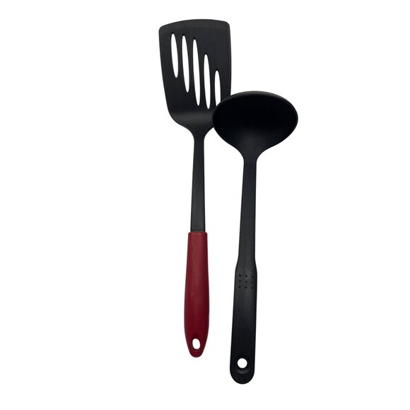Red & Black Nylon Kitchen Utensil Set - Slotted Spatula & Ladle For Cooking 9e - Picture 2 of 4